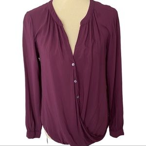 VELVET Brand Maroon Flowy High-Low Button Front Faux Wrap Long Sleeve Blouse S